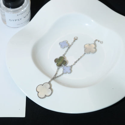 [⭐Clover Jewelry]CLOVER BRACELET 5 MOTIFS MOP CHALCEDONY SILVER