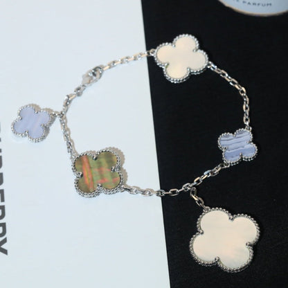 [⭐Clover Jewelry]CLOVER BRACELET 5 MOTIFS MOP CHALCEDONY SILVER