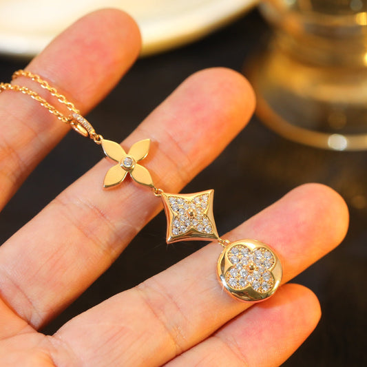 [⭐Clover Jewelry]STAR AND SUN DIAMOND PINK GOLD NECKLACE