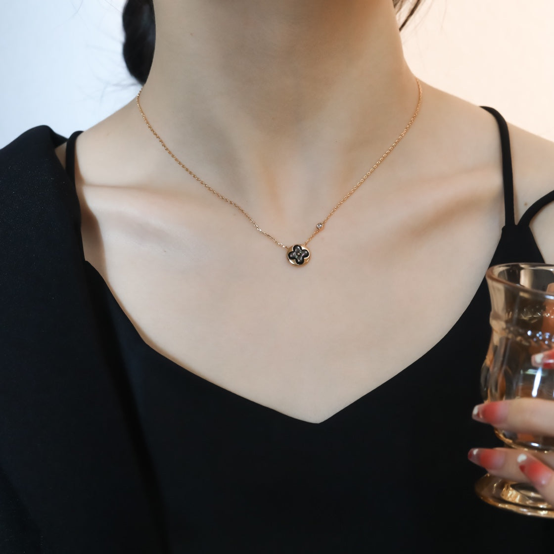 [⭐Clover Jewelry]SUN PEDANT PINK GOLD 1 DIAMOND NECKLACE