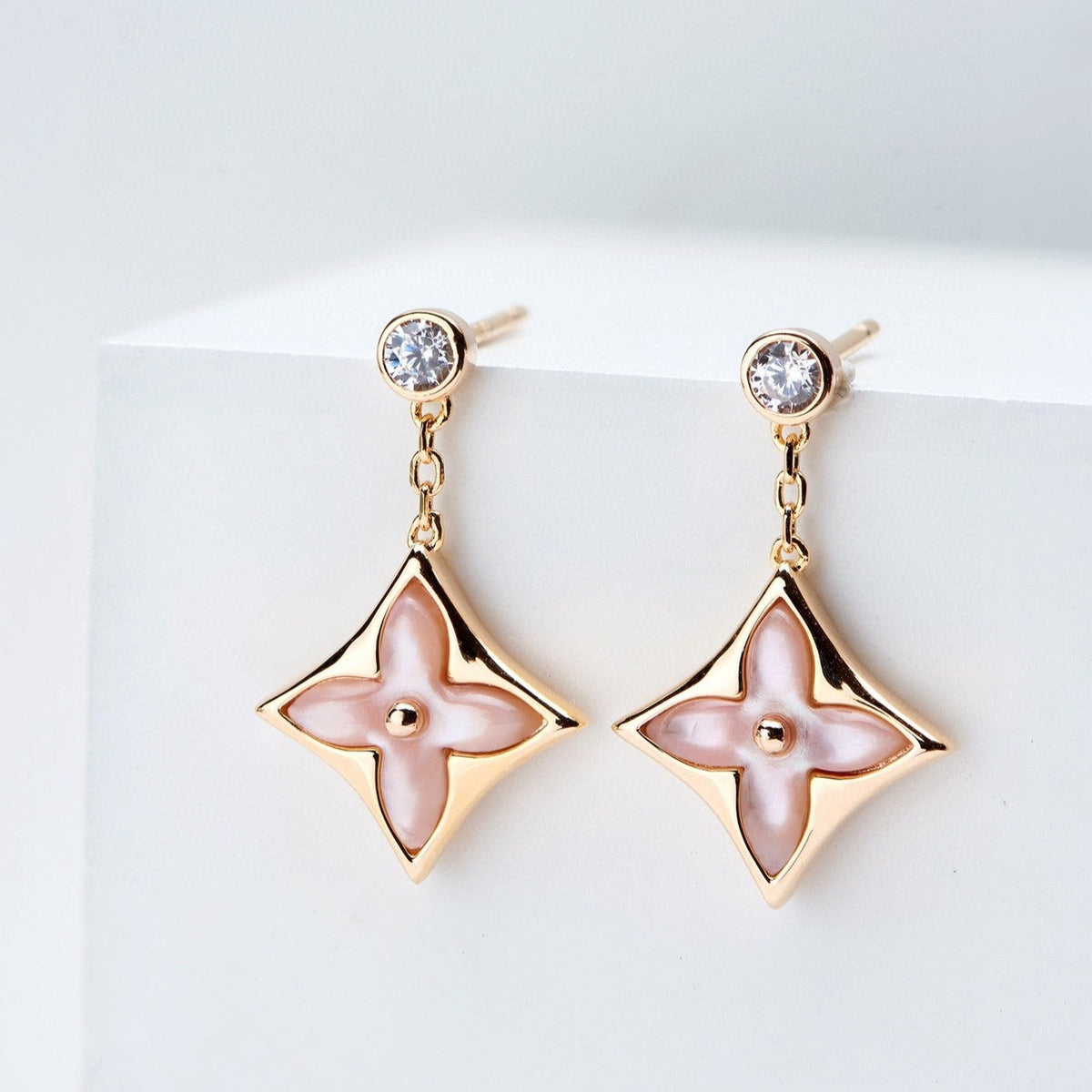 [⭐Clover Jewelry]DOUBLE STAR PINK GOLD MOP DROP EARRINGS