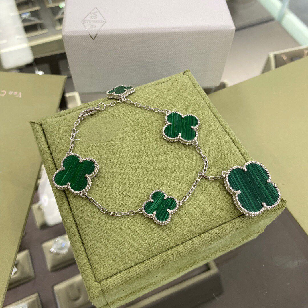[⭐Clover Jewelry]CLOVER 5 MOTIFS SIVLER MALACHITE BRACELET