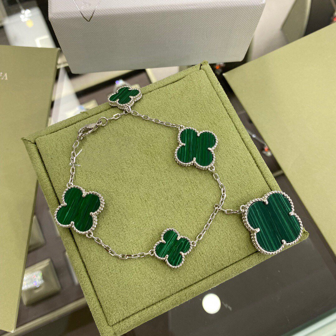 [⭐Clover Jewelry]CLOVER 5 MOTIFS SIVLER MALACHITE BRACELET