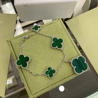 [⭐Clover Jewelry]CLOVER 5 MOTIFS SIVLER MALACHITE BRACELET