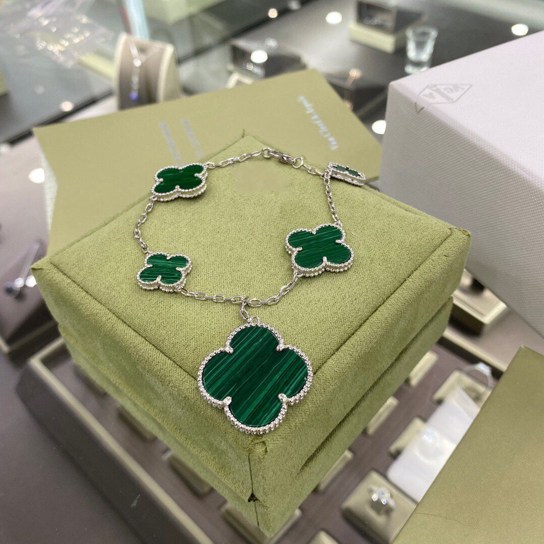 [⭐Clover Jewelry]CLOVER 5 MOTIFS SIVLER MALACHITE BRACELET