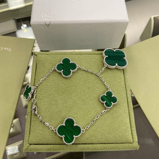 [⭐Clover Jewelry]CLOVER 5 MOTIFS SIVLER MALACHITE BRACELET