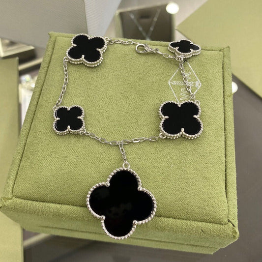 [⭐Clover Jewelry]CLOVER 5 MOTIFS SIVLER ONYX BRACELET