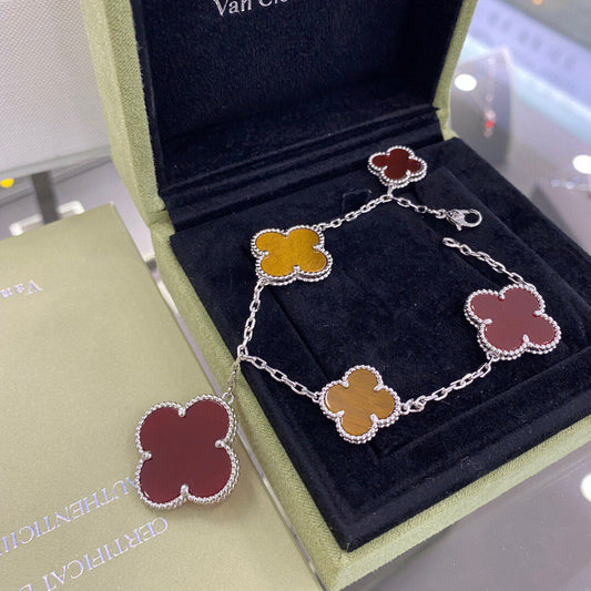 [⭐Clover Jewelry]CLOVER 5 MOTIFS SIVLER CARNELIAN TIGER EYE BRACELET