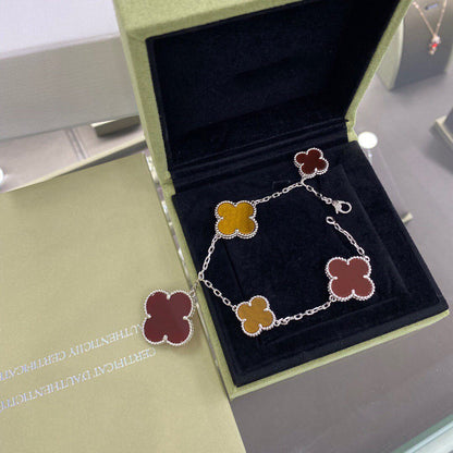 [⭐Clover Jewelry]CLOVER 5 MOTIFS SIVLER CARNELIAN TIGER EYE BRACELET