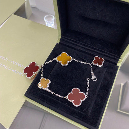 [⭐Clover Jewelry]CLOVER 5 MOTIFS SIVLER CARNELIAN TIGER EYE BRACELET
