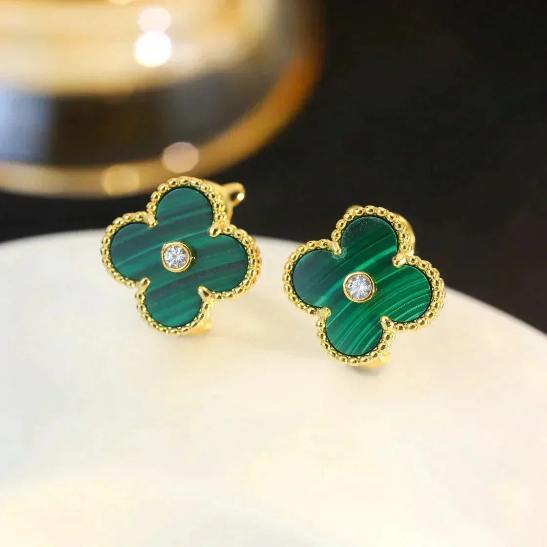 [⭐Clover Jewelry]CLOVER MEDIUM 1 MOTIFS MALACHITE DIAMOND EARRINGS