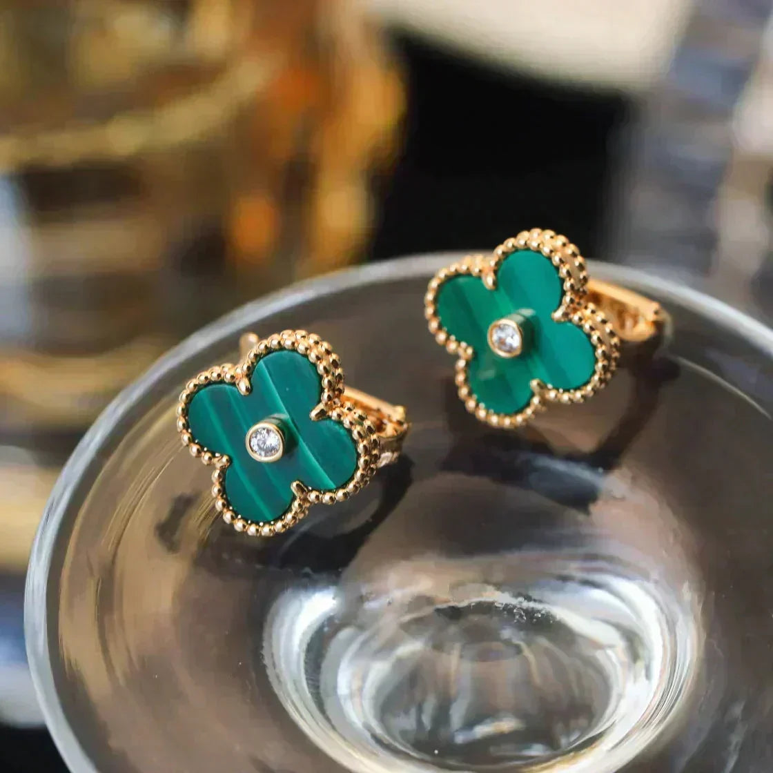 [⭐Clover Jewelry]CLOVER MEDIUM 1 MOTIFS MALACHITE DIAMOND EARRINGS