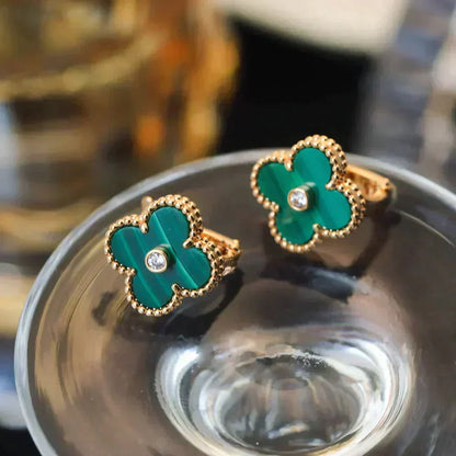 [⭐Clover Jewelry]CLOVER MEDIUM 1 MOTIFS MALACHITE DIAMOND EARRINGS