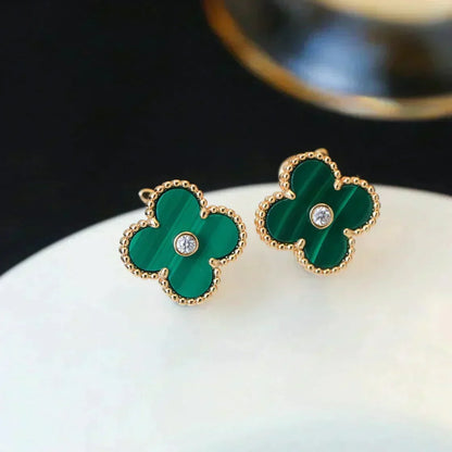 [⭐Clover Jewelry]CLOVER MEDIUM 1 MOTIFS MALACHITE DIAMOND EARRINGS