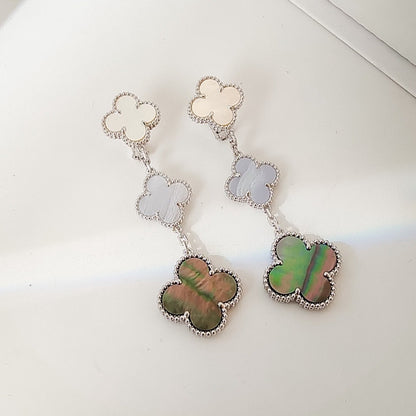 [⭐Clover Jewelry]CLOVER 3 MOTIFS CHALCEDONY DARK MOP SILVER EARRINGS