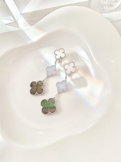[⭐Clover Jewelry]CLOVER 3 MOTIFS CHALCEDONY DARK MOP SILVER EARRINGS