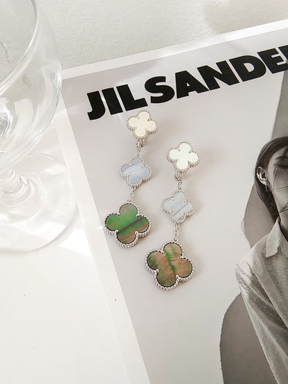 [⭐Clover Jewelry]CLOVER 3 MOTIFS CHALCEDONY DARK MOP SILVER EARRINGS