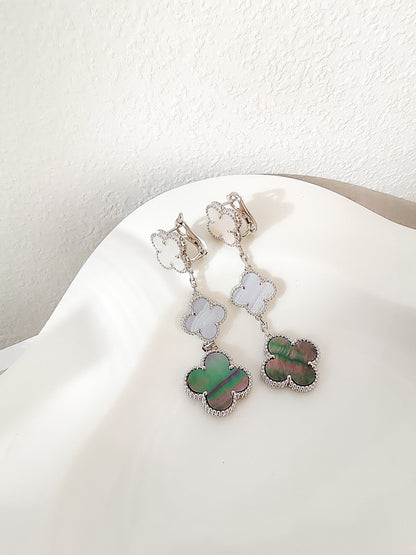 [⭐Clover Jewelry]CLOVER 3 MOTIFS CHALCEDONY DARK MOP SILVER EARRINGS