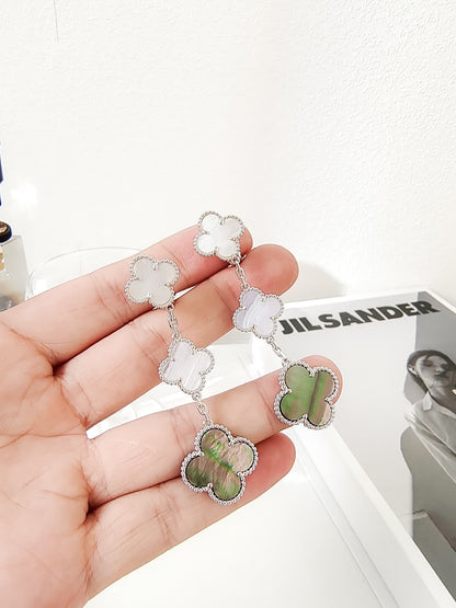 [⭐Clover Jewelry]CLOVER 3 MOTIFS CHALCEDONY DARK MOP SILVER EARRINGS