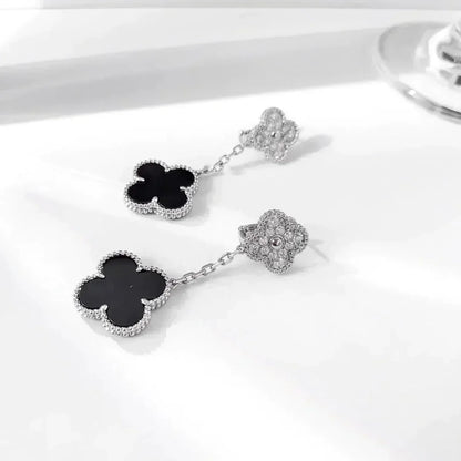 [⭐Clover Jewelry]CLOVER 2 MOTIFS  DIAMOND ONYX EARRINGS SILVER