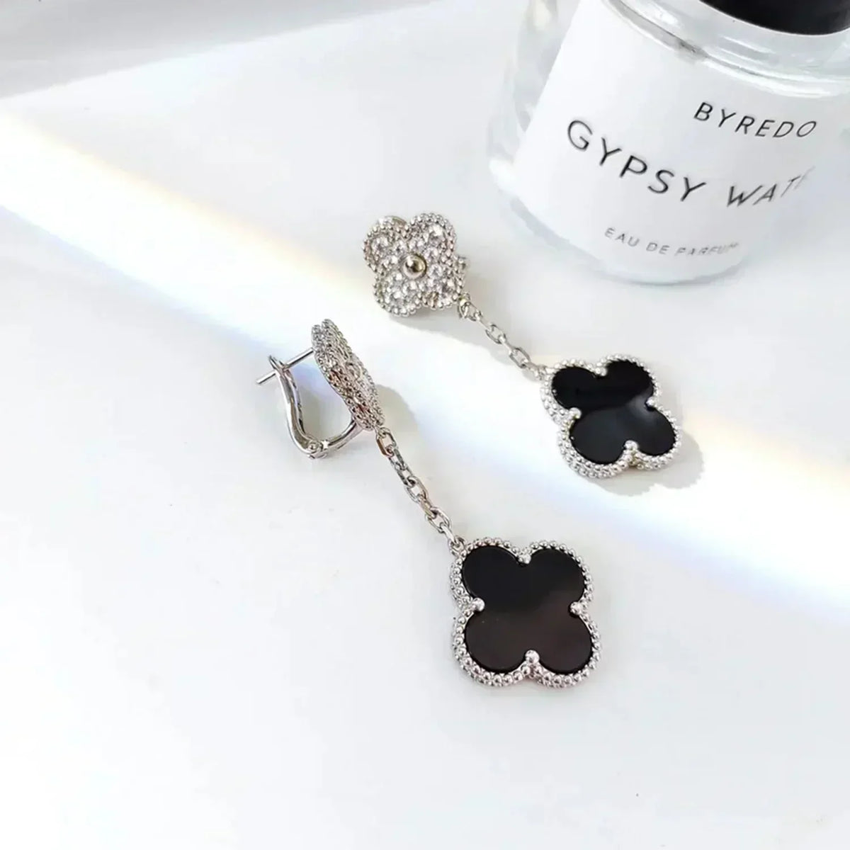 [⭐Clover Jewelry]CLOVER 2 MOTIFS  DIAMOND ONYX EARRINGS SILVER