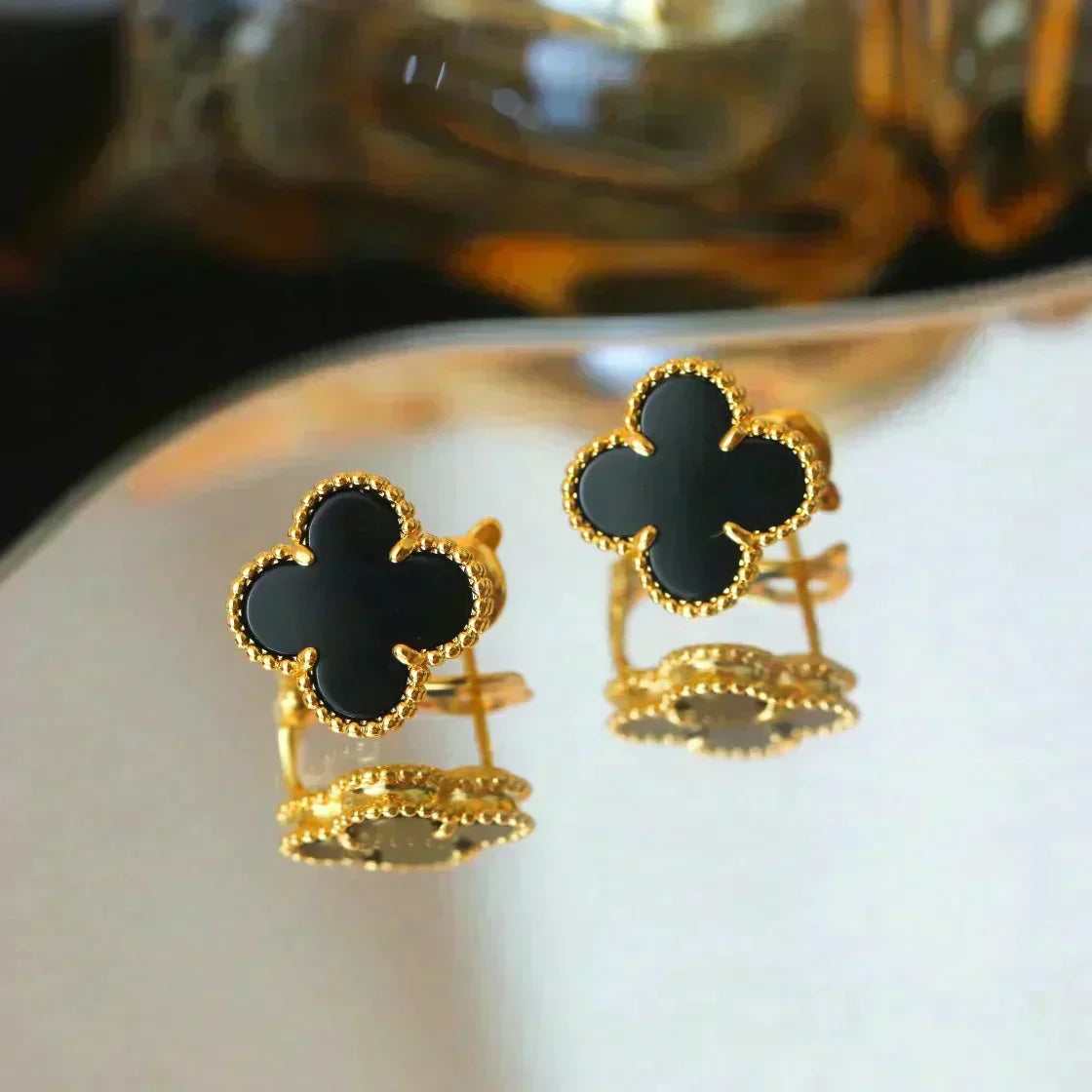 [⭐Clover Jewelry]CLOVER MEDIUM 1 MOTIFS  ONYX STUD EARRINGS