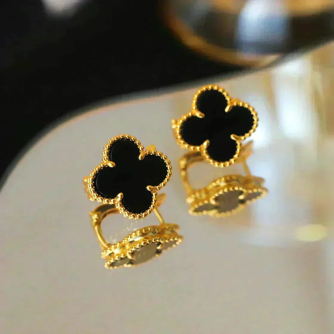 [⭐Clover Jewelry]CLOVER MEDIUM 1 MOTIFS  ONYX STUD EARRINGS