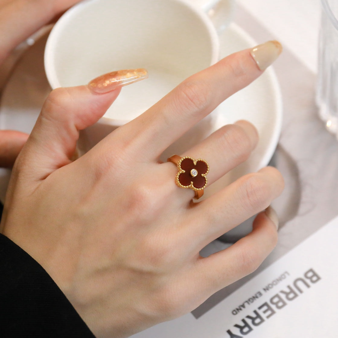 [⭐Clover Jewelry]CLOVER CARNELIAN RING ROSE GOLD DIAMOND