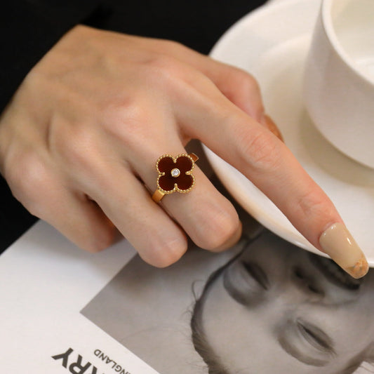 [⭐Clover Jewelry]CLOVER CARNELIAN RING ROSE GOLD DIAMOND