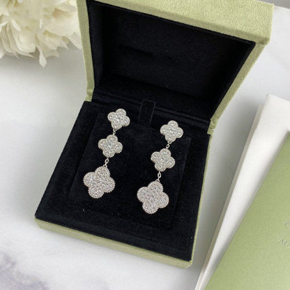 [⭐Clover Jewelry]CLOVER 3 MOTIF DIAMOND SILVER DROP EARRINGS