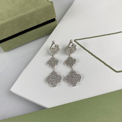 [⭐Clover Jewelry]CLOVER 3 MOTIF DIAMOND SILVER DROP EARRINGS