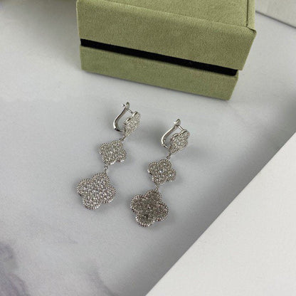 [⭐Clover Jewelry]CLOVER 3 MOTIF DIAMOND SILVER DROP EARRINGS