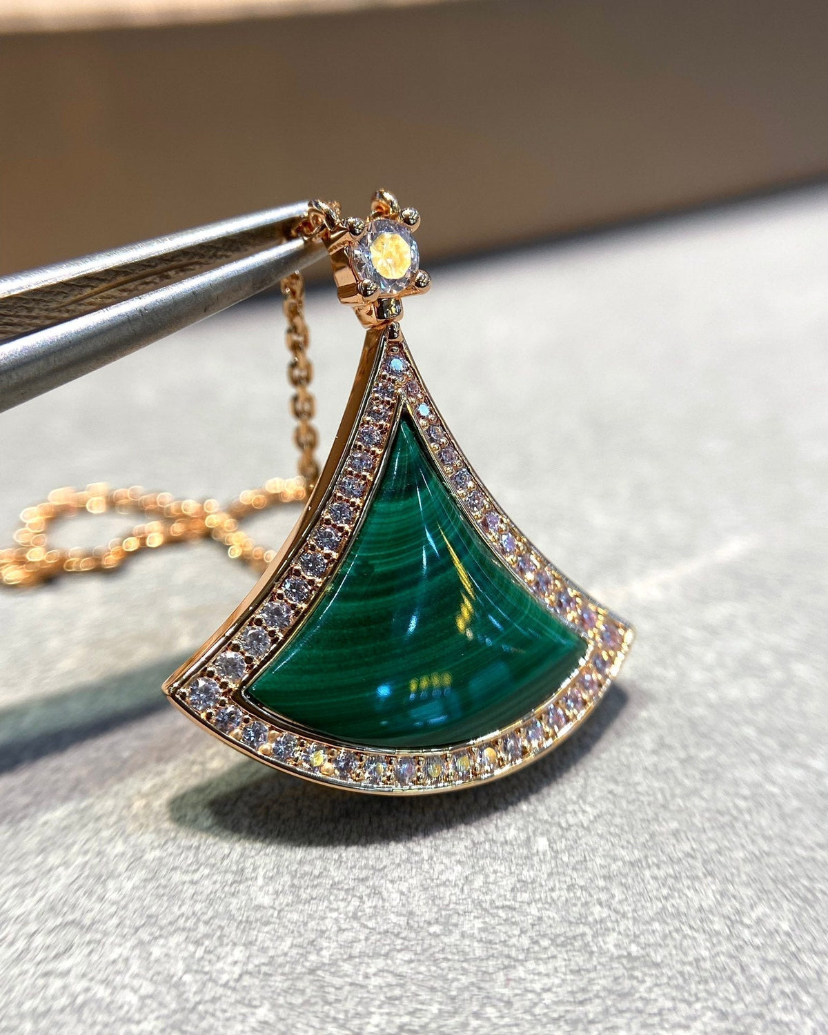 [⭐Clover Jewelry]DREAM MALACHITE DIAMOND PAVED PINK GOLD NECKLACE