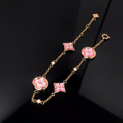 [⭐Clover Jewelry]STAR AND SUN 4 MOTIF PINK MOP PINK GOLD BRACELET
