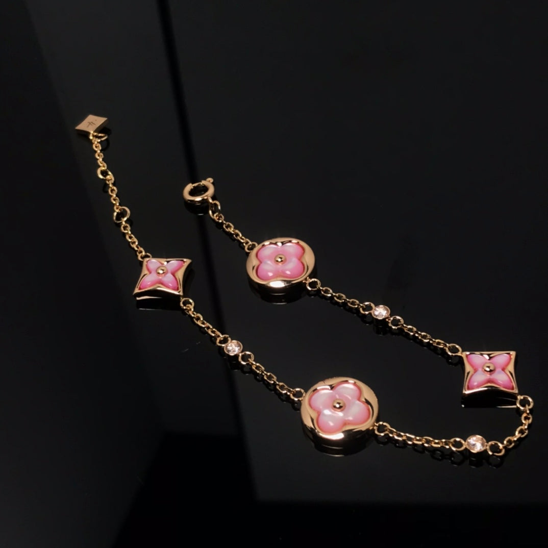 [⭐Clover Jewelry]STAR AND SUN 4 MOTIF PINK MOP PINK GOLD BRACELET