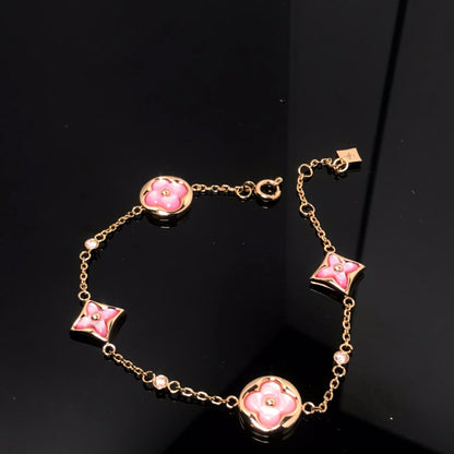 [⭐Clover Jewelry]STAR AND SUN 4 MOTIF PINK MOP PINK GOLD BRACELET