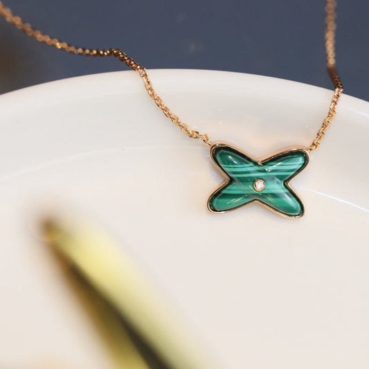 [⭐Clover Jewelry]JEUX MALACHITE 1 DIAMOND PINK GOLD NECKLACE