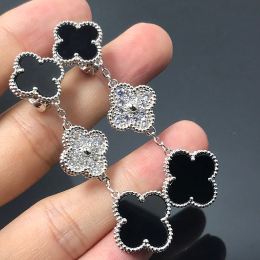 [⭐Clover Jewelry]CLOVER 3 MOTIF DIAMOND ONYX SILVER EARRINGS