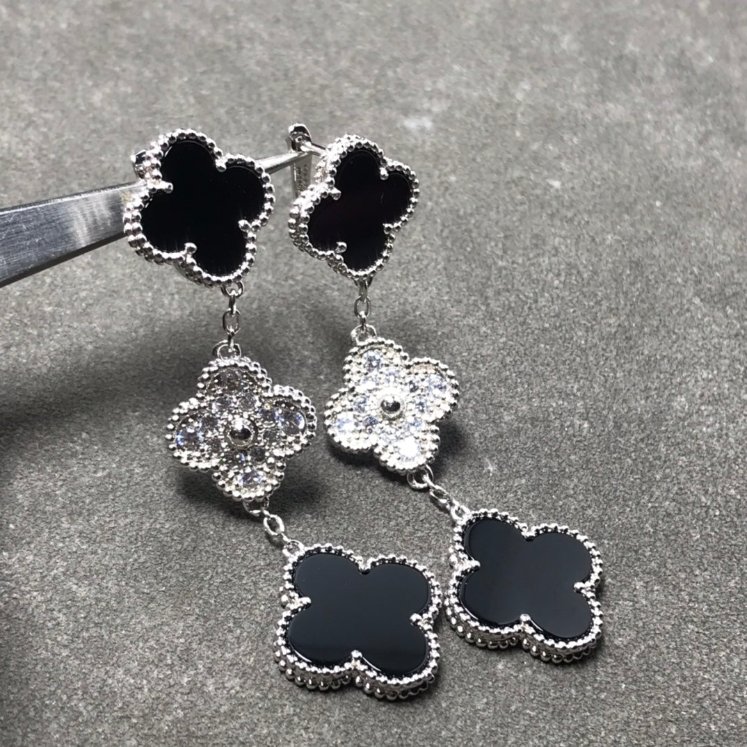 [⭐Clover Jewelry]CLOVER 3 MOTIF DIAMOND ONYX SILVER EARRINGS