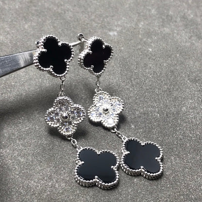 [⭐Clover Jewelry]CLOVER 3 MOTIF DIAMOND ONYX SILVER EARRINGS