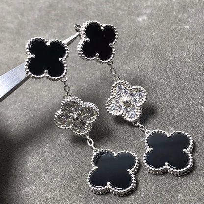 [⭐Clover Jewelry]CLOVER 3 MOTIF DIAMOND ONYX SILVER EARRINGS