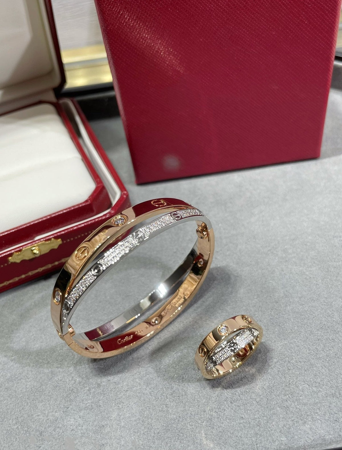 [⭐Clover Jewelry]LOVE PINK GOLD SILVER DIAMOND DOUBLE RING