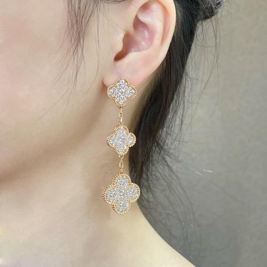 [⭐Clover Jewelry]CLOVER 3 MOTIFS DIAMOND PAVED ROSE GOLD EARRINGS