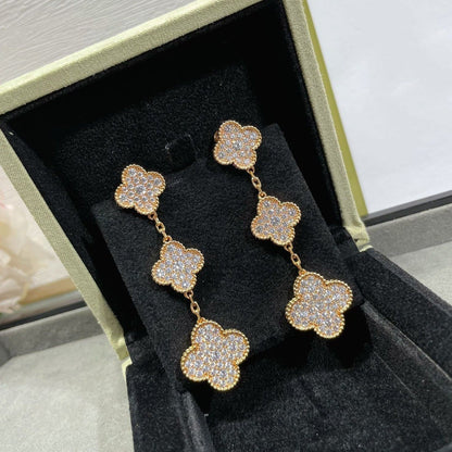 [⭐Clover Jewelry]CLOVER 3 MOTIFS DIAMOND PAVED ROSE GOLD EARRINGS