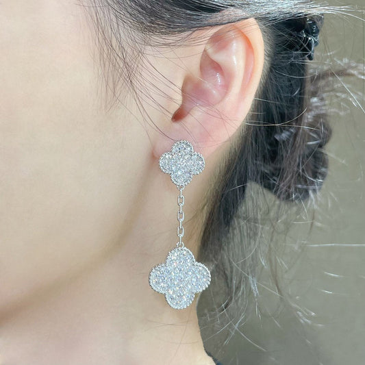 [⭐Clover Jewelry]CLOVER 2 MOTIFS DIAMOND PAVED SILVER EARRINGS