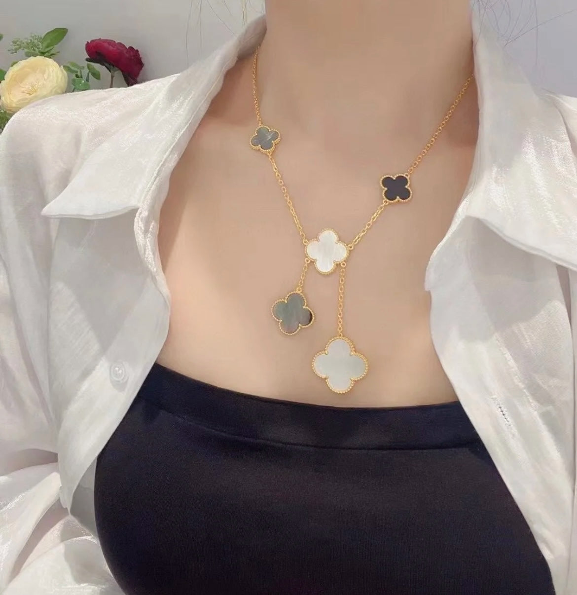 [⭐Clover Jewelry]CLOVER 6 MOTIF MOP ONYX GOLD NECKLACE
