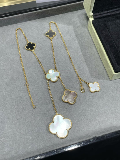 [⭐Clover Jewelry]CLOVER 6 MOTIF MOP ONYX GOLD NECKLACE