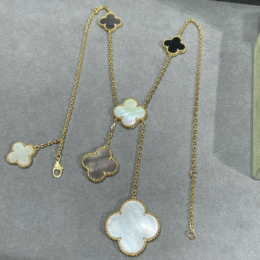 [⭐Clover Jewelry]CLOVER 6 MOTIF MOP ONYX GOLD NECKLACE