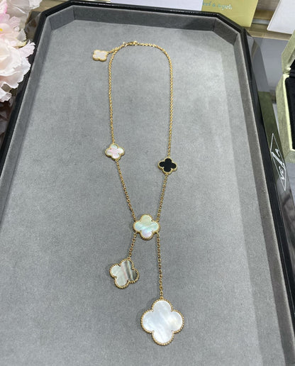 [⭐Clover Jewelry]CLOVER 6 MOTIF MOP ONYX GOLD NECKLACE