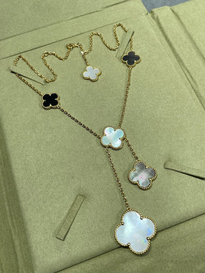 [⭐Clover Jewelry]CLOVER 6 MOTIF MOP ONYX GOLD NECKLACE
